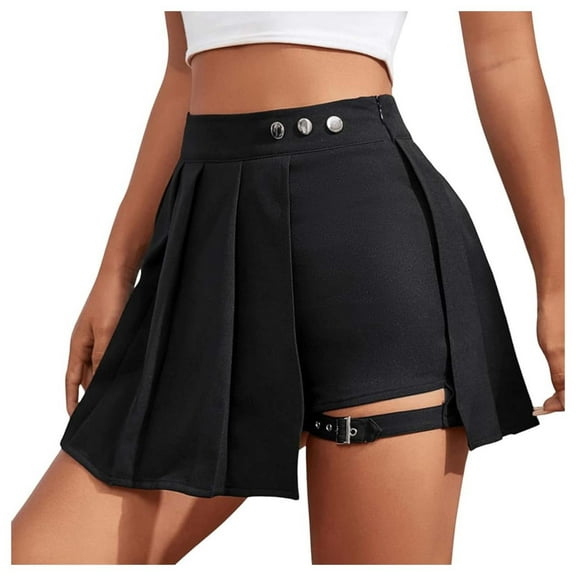 Womens Summer Skirt Y2K Retro High Waisted Mini Skort with Industrial Chain Belt Accents Asymmetric Ultra Short Skirt Mini Skirt Black L