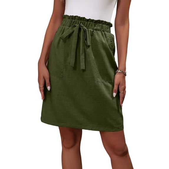 Womens Summer Skirts Casual High Waist A Line Skirt Skirt Cotton Linen Short Skirt with Pockets Elastic Waist Green M
