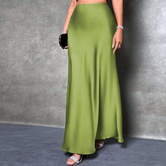 Womens Summer Skirts Satin Invisible Zipper Casual Solid Color Flowy Party Beach Vacation Party Plus Size Maxi Skirts Green XS-L