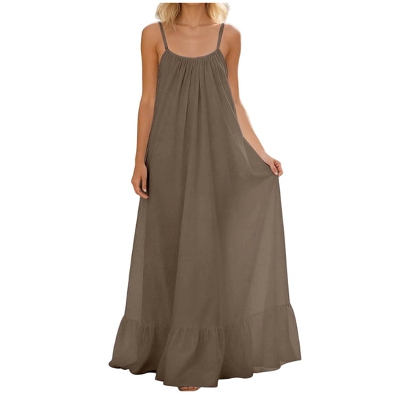 Womens Summer Sleeveless Backless Cami Dress Adjustable Spaghetti Strap Ruched Ruffle Hem Flowy Beach Vacation Sundress