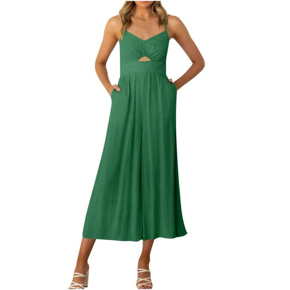 Womens Summer Sleeveless Cami Jumpsuits V Neck Cutout High Waisted Pleated Wide Leg Cropped Pants Beach Pockets Rompers