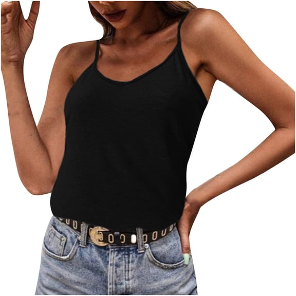 Womens Summer Sleeveless Cami Shirts V Neck Solid Spaghetti Straps Tank Vest Camisole Slim Fitted Soft Comfy Blouses