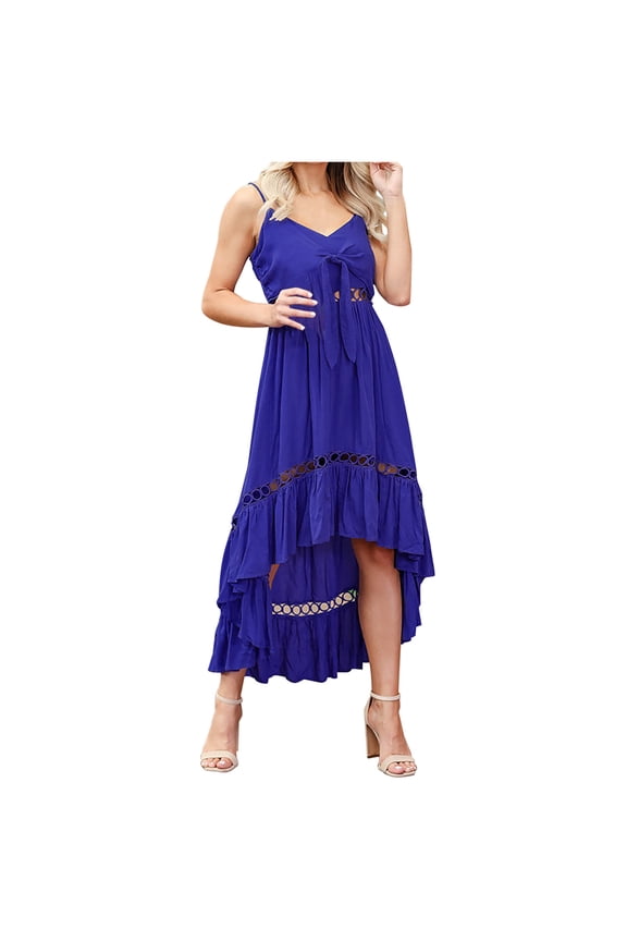 Womens Summer Sleeveless Camis Dress Hi-Lo V Neck Bowknot Front Sling Dress Cutout Ruffle Pleated Flowy Beach Sundress