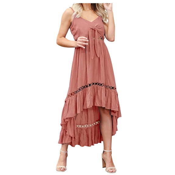 Womens Summer Sleeveless Camis Dress Hi-Lo V Neck Bowknot Front Sling Dress Cutout Ruffle Pleated Flowy Beach Sundress