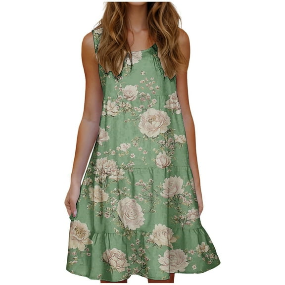Womens Summer Sleeveless Casual Dresses Crewneck Tank Dresses Trendy Floral Print Beach Vacation Sundress