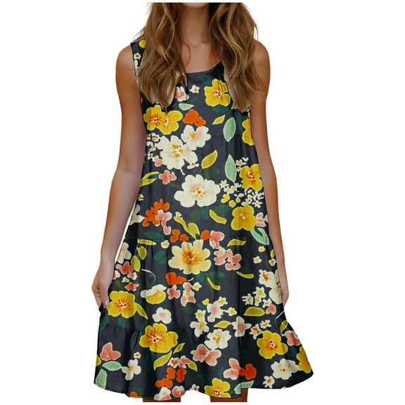 Womens Summer Sleeveless Casual Dresses Crewneck Tank Dresses Trendy Floral Print Beach Vacation Sundress