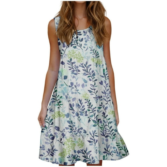 Womens Summer Sleeveless Casual Dresses Crewneck Tank Dresses Trendy Floral Print Beach Vacation Sundress