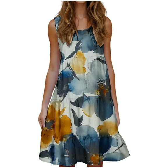 Womens Summer Sleeveless Casual Dresses Crewneck Tank Dresses Trendy Floral Print Beach Vacation Sundress