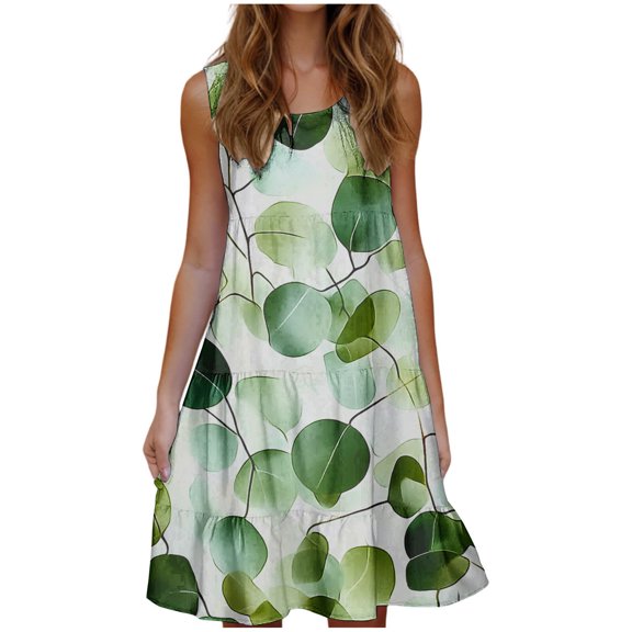 Womens Summer Sleeveless Casual Dresses Crewneck Tank Dresses Trendy Floral Print Beach Vacation Sundress