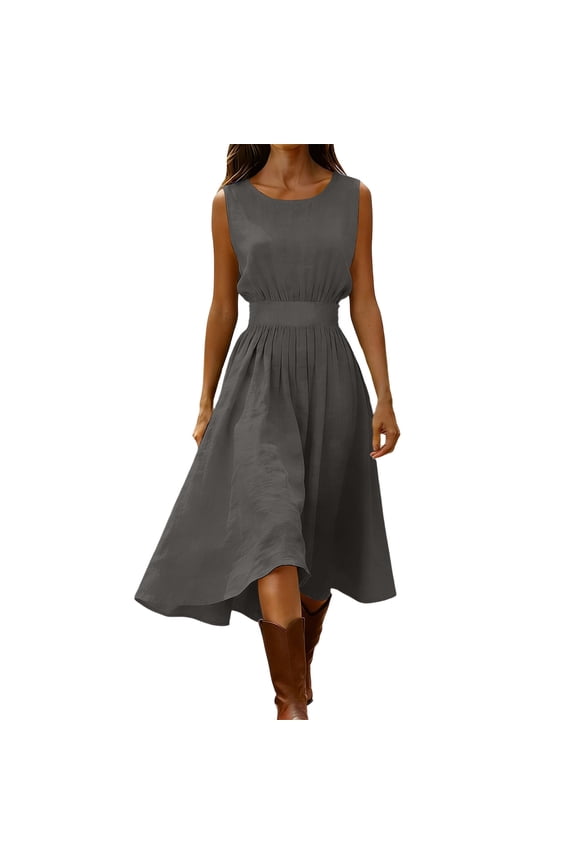 Womens Summer Sleeveless Cocktail Dresses 2026 Empire Waist Scoop Neck Flowy A Line Beach Cotton Linen Midi Dress