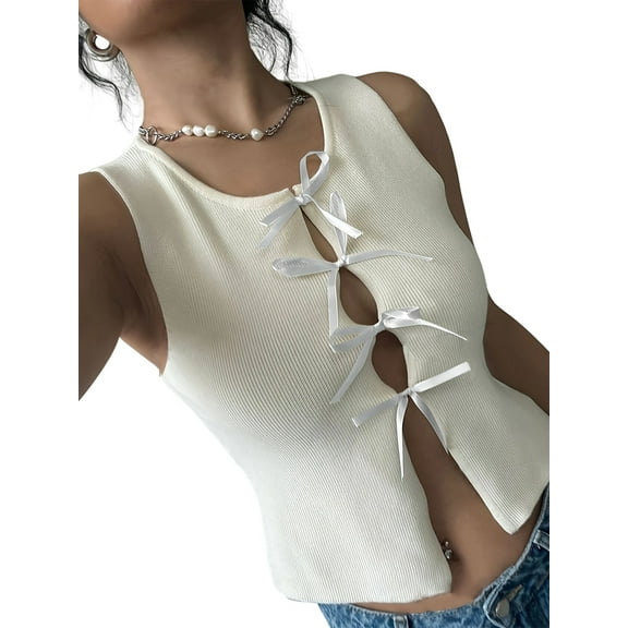 Womens Summer Sleeveless Crop Tank Tops Crew Neck Fitted Y2k Ribbed Knit Sweater Vest White L
