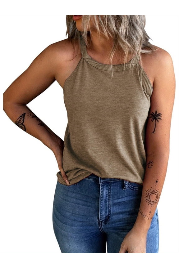 Womens Summer Sleeveless High Neck Halter Tank Tops Basic Casual Cami Shirts Tees