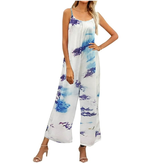 Womens Summer Sleeveless Jumpsuits Ruched Camis Rompers Casual Loose Trendy Printing Wide Leg Cropped Pants Playsuits