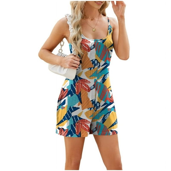 Womens Summer Sleeveless Romper Loose Adjustable Spaghetti Strap Stretchy Jumpsuits with Pockets Geometric Flowers S