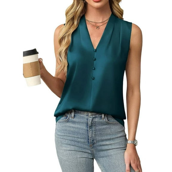 Womens Summer Sleeveless Silk Satin V Neck Business Casual Tank Tops Sea Blue XXL