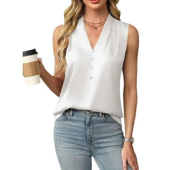 Womens Summer Sleeveless Silk Satin V Neck Business Casual Tank Tops White M