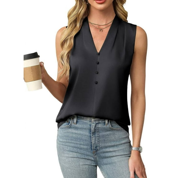 Womens Summer Sleeveless Silk Satin V Neck Business Casual Tank Tops
