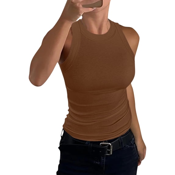 Womens Summer Sleeveless Tank Top Casual Ribbed Racerback Basic Fitted Thick Strap Shirts Tops Brown XL