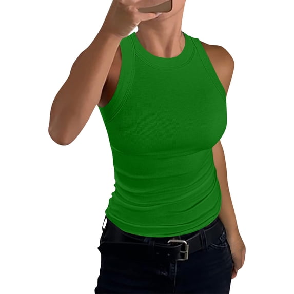 Womens Summer Sleeveless Tank Top Casual Ribbed Racerback Basic Fitted Thick Strap Shirts Tops Green 2XL