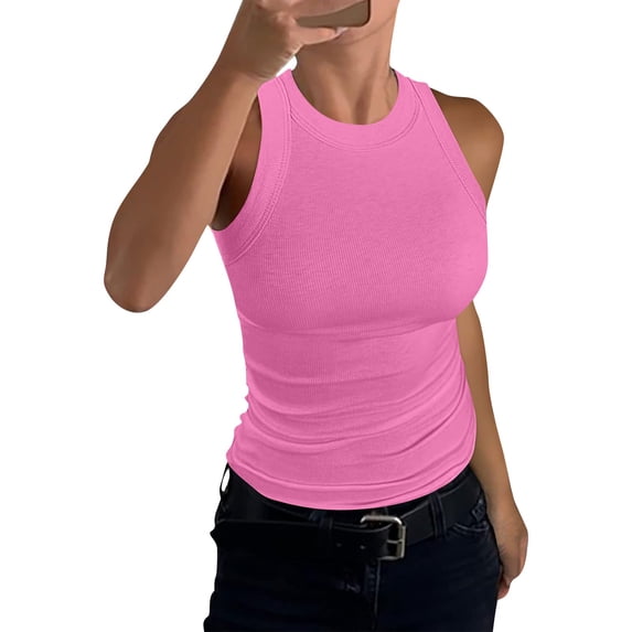 Womens Summer Sleeveless Tank Top Casual Ribbed Racerback Basic Fitted Thick Strap Shirts Tops Hot Pink L