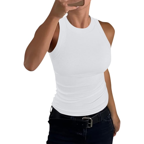 Womens Summer Sleeveless Tank Top Casual Ribbed Racerback Basic Fitted Thick Strap Shirts Tops White XL