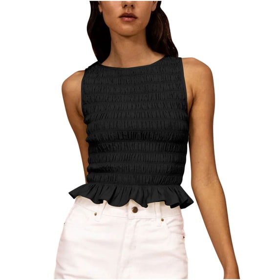 Womens Summer Sleeveless Tank Tops High Elastic Ruffle Round Neck Casual Solid T-shirt Tank Top