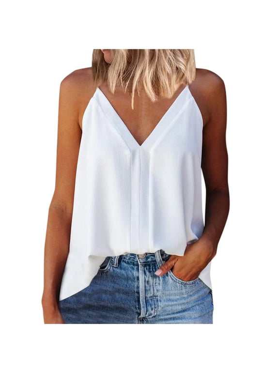 Womens Summer Sleeveless V Neck Camis Tank Tops Spaghetti Straps Trendy Print Casual Loose Comfy Tank Vest Shirts