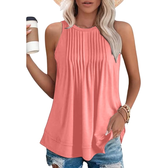 Womens Summer Solid Color Crewneck Tank Tops Casual Pleated Sleeveless Tops Shirts Baseball for Women Womens T Shirts Birthday Top for Women Silk 3xl Tops for Women 2x Tops for Women plus Size Tops