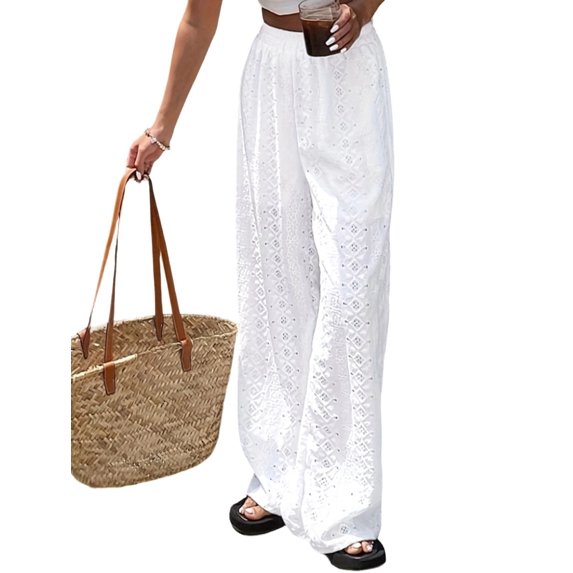Womens Summer Solid Color Hollow Out Embroidery Casual Elastic Waist Long Pants Versatile Comfort White L
