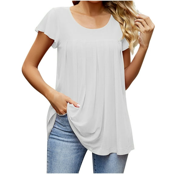 Womens Summer Solid Crew Neck Pleated and Flowy Short Sleeve Blouse Casual Net Yarn Loose Fit Blouse(XL,White)