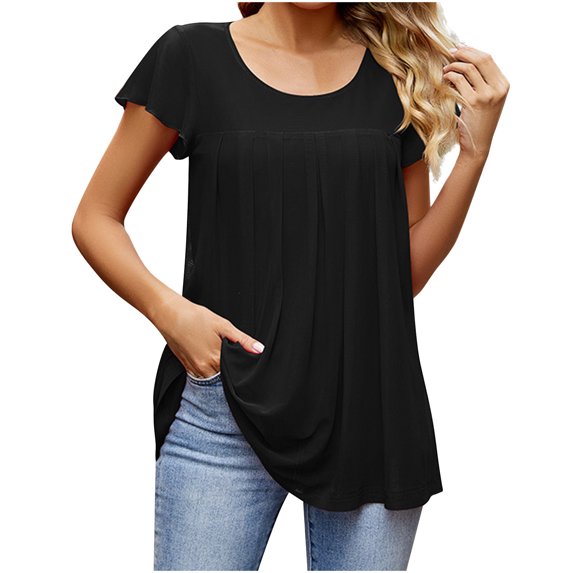 Womens Summer Solid Crew Neck Pleated and Flowy Short Sleeve Blouse Casual Net Yarn Loose Fit Blouse(XXL,Black)