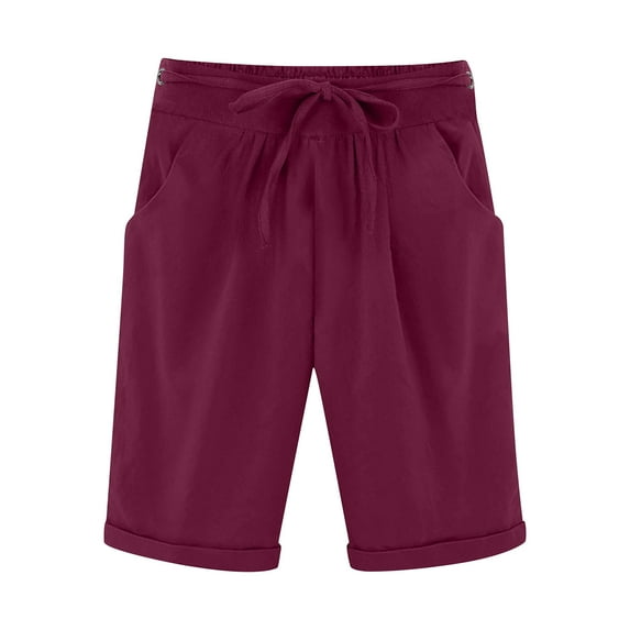Womens Summer Solid Linen Shorts Casual Drawstring Comfy Knee Length Shorts Cuffed Hem Bermuda Shorts with Pockets