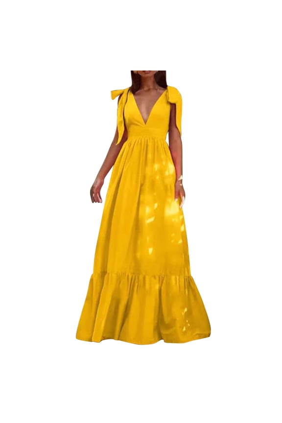 Womens Summer Solid Off Shoulder Sexy Dress - Backless Bow Tie Cami Maxi Dresses for Women, Romantic Flowy Clothing, Fairy Resort Wear Outfits for Beach & Romantic Dating