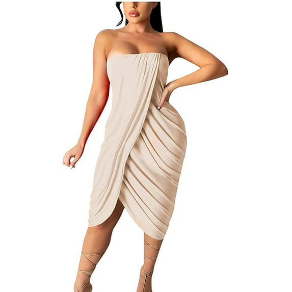 Womens Summer Solid Wrapped Chest One Shoulder Wave Pleated Hip Dress