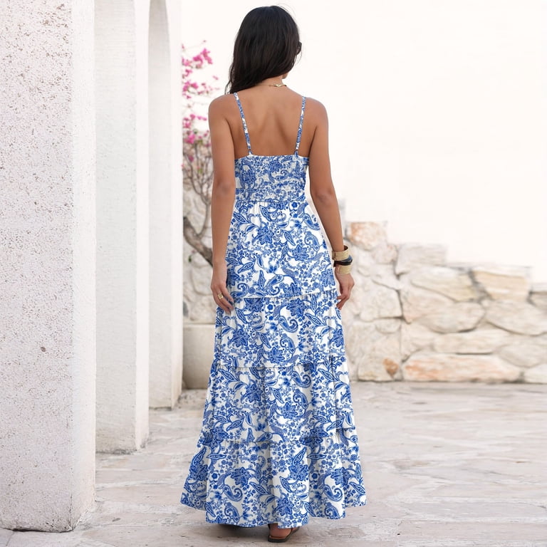 casual maxi dresses for beach vacation Womens Summer Spaghetti Strap Plaid V Neck Flowy Long Sundress Light Blue 2XL Army Branch:Infantry