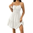 thumbnail image 1 of Womens Summer Spaghetti Strap Mini Dress Square Neck Sleeveless Smocked Waist Tiered Flowy Sundresses Cream White S, 1 of 8