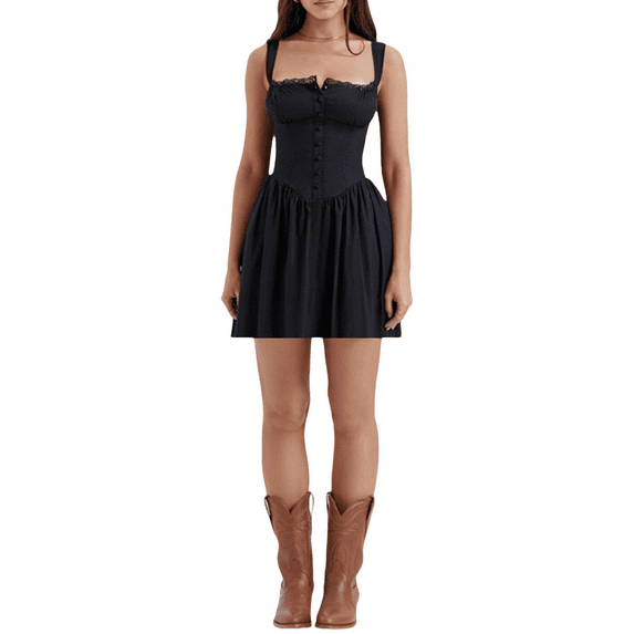 Womens Summer Spaghetti Strap Mini Dresses Sleeveless Lace Patchwork Bandage Button Party Club Swing Maxi Dress