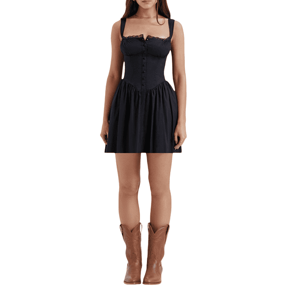 Womens Summer Spaghetti Strap Mini Dresses Sleeveless Lace Patchwork Bandage Button Party Club Swing Maxi Dress