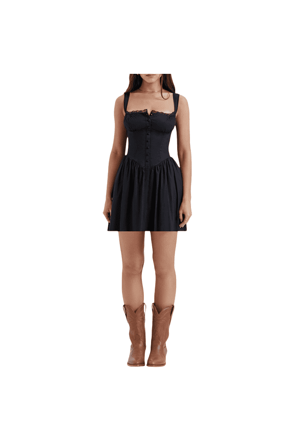 Womens Summer Spaghetti Strap Mini Dresses Sleeveless Lace Patchwork Bandage Button Party Club Swing Maxi Dress