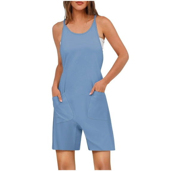 Womens Summer Spaghetti Strap Rompers Athletic Casual Drawstring Jumpsuit for Women Pocket Racerback Workout Loungewear, Light Blue, XXL