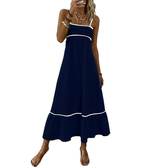 Womens Summer Spaghetti Straps Long Dress 2025 Casual Flowy Lace Midi Beach Dress Sundress Navy Blue XL