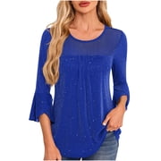Womens Summer Sparkly Mesh Tops Trendy Pleated Front 3/4 Sleeve Flared Cuff Blouse Classy Evening Party Concert Tees