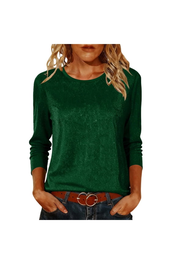 Womens Summer Sparkly Tops, 3/4 Sleeve Shirts for Women Spring Fashion Solid Color Shiny Sequins Crewneck T-Shirts