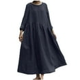 thumbnail image 1 of Womens Summer Spring Dresses Crew Neck Long Sleeve Cotton Linen Dress Solid Casual Flowy Plus Size Long Maxi Dresses, 1 of 7