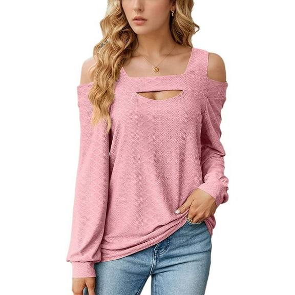 Womens Summer Square Neck Cold Shoulder Tops Pink S