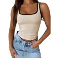 thumbnail image 1 of Womens Summer Square Neck Ribbed Slim Fitted Spaghetti Strap Tank Tops Apricot M, 1 of 9