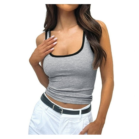 Womens Summer Square Neck Ribbed Slim Fitted Spaghetti Strap Tank Tops Grey S