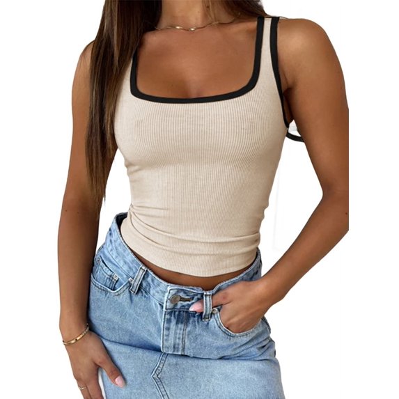 Womens Summer Square Neck Ribbed Slim Fitted Spaghetti Strap Tank Tops XL