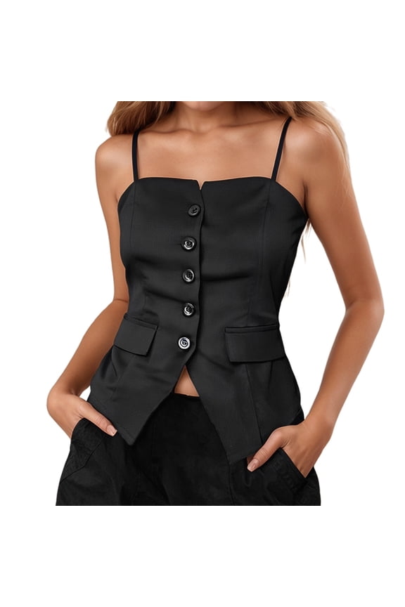 Womens Summer Square Neck Sleeveless Tops Cardigan Open Front Design Style Tees Solid Color Plain Casual Apparel ShirtsTrendfront