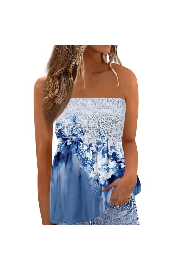 Womens Summer Strapless Tube Tops Rose Floral Print Smocked Bust Bandeau Blouses Sleeveless Off Shoulder Casual Fashion Loose Fit T-Shirt Blouse Blue B L